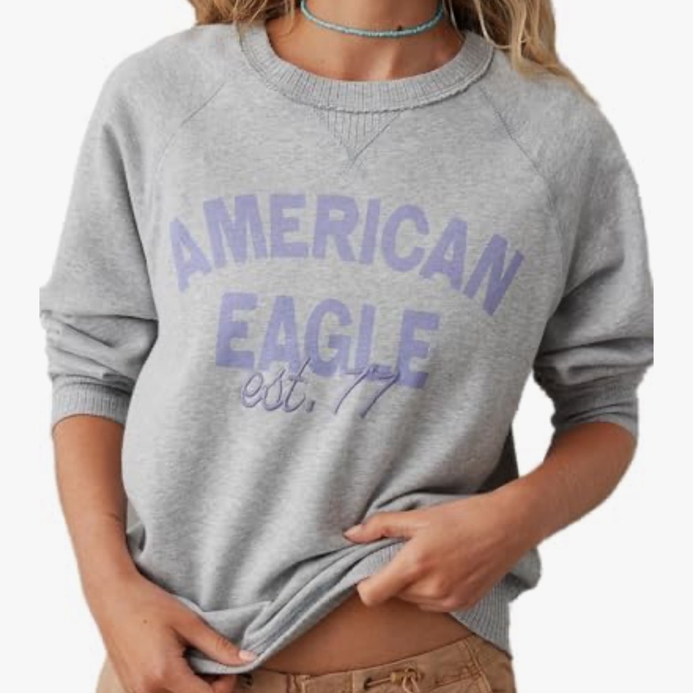 American Eagle Heather Gray Graphic Pullover Sweatshirt | M